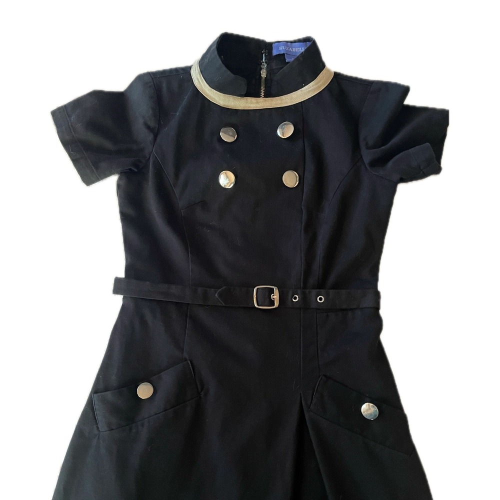 Vintage 70s Chic Black Mod Midi Dress Cream Collar Silver Buttons Belted Size 6